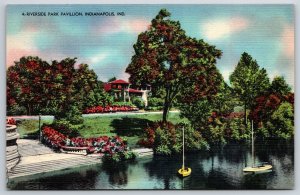 Indianapolis Indiana~Riverside Park Pavilion Seen From Water~Vtg Linen Postcard