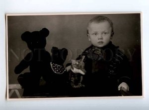 234125 Boy w/ TEDDY BEAR Family FOX Toy Old Soviet REAL PHOTO