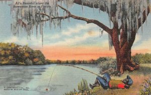 FISHING SUWANNEE RIVER IN FLORIDA BLACK AMERICANA POSTCARD (1940s) !!