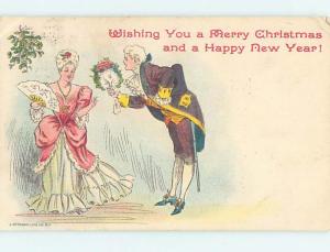 Pre-1907 christmas COLONIAL ERA MAN GIVES FLOWER BOUQUET TO PRETTY WOMAN hk9464