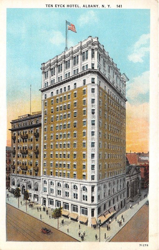 Albany New York~Ten Eyck Hotel~Car in Street~Pedestrians~1920s Postcard