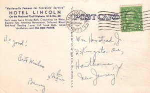 Vintage Postcard 1935 Hotel Lincoln National Trail Highway Indianapolis Indiana 