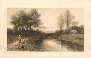 Fine art vintage postcard C. Jofflor creek landscape
