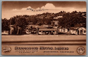 Postcard Atascadero CA c1940s Atascadero Motor Lodge US 101 Mission Trails Sepia