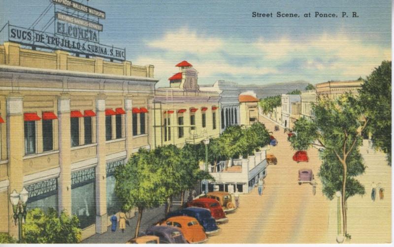 Street Scene Ponce Puerto Rico Porto Rico Old Cars Vintage Linen Postcard E5