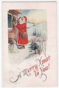 Santa Hammers Holly to House Christmas 1925 postcard