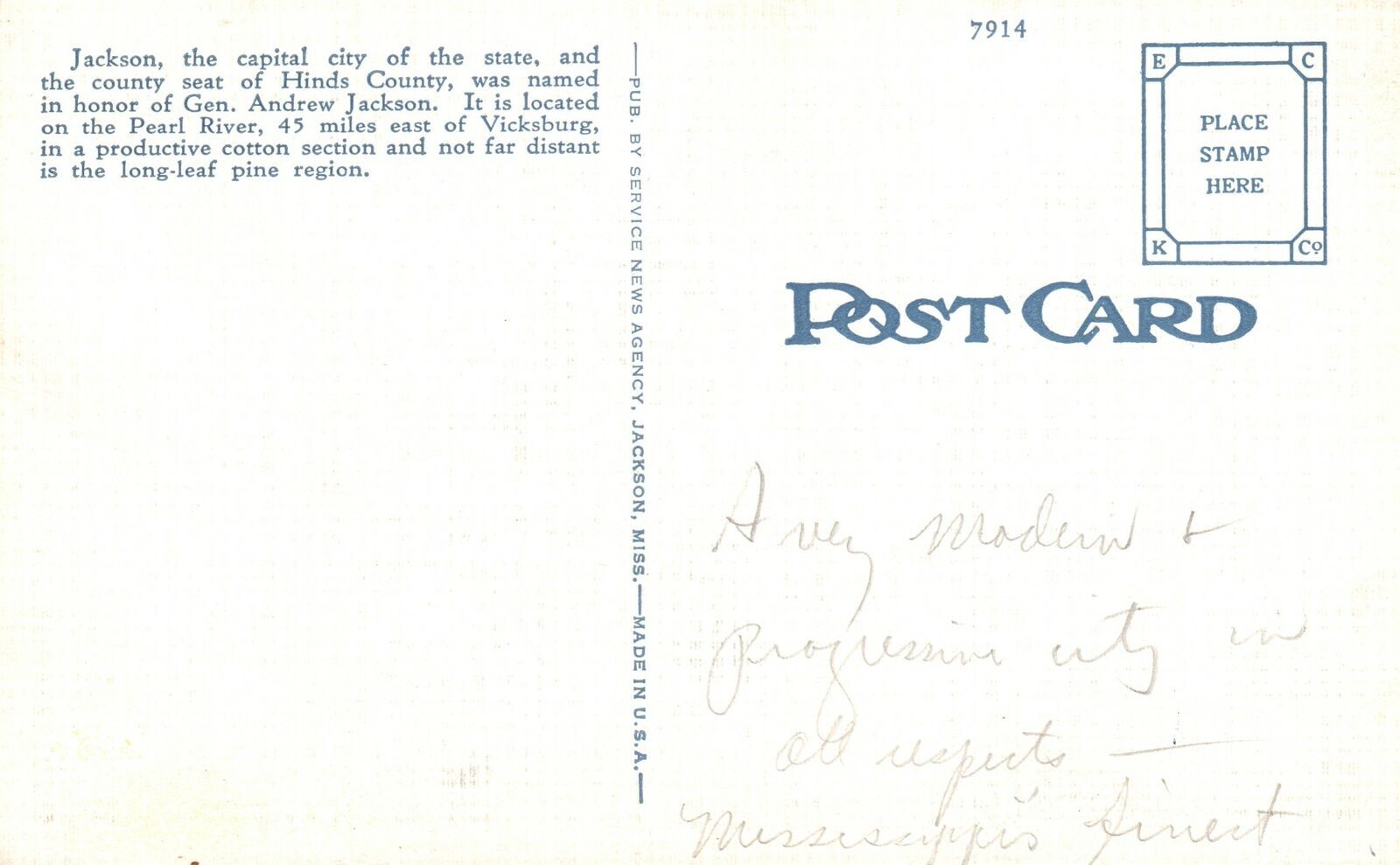 Vintage Postcard 1930's Post Office Jackson Miss. Mississippi United