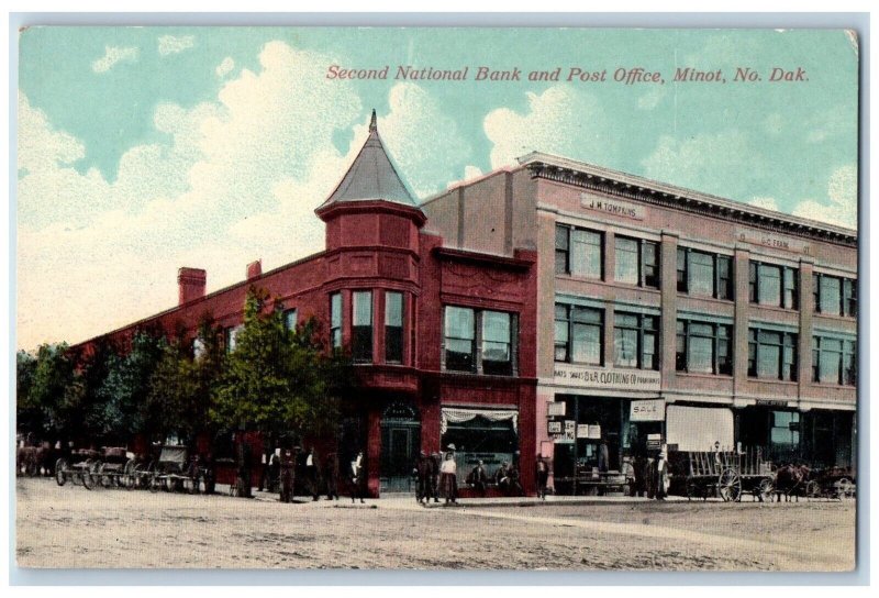 Minot North Dakota Postcard Second National Bank Post Office Road c1910 Vintage
