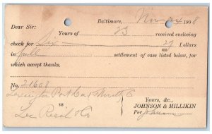 1908 Johnson & Millikin Baltimore Maryland MD Frederick MD Postal Card