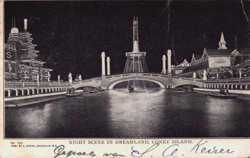 USA New York Coney Island Night Scene in Dreamland Vintage Postcard C380