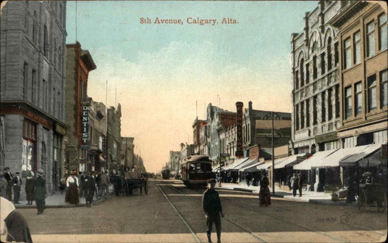 Antique Postcard CALGARY ALBERTA AB Trolley Streetcar Street Scene