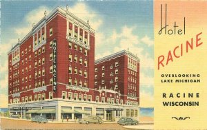 Automobiles Hotel Racine Wisconsin roadside Postcard Teich 1930s linen 20-7349