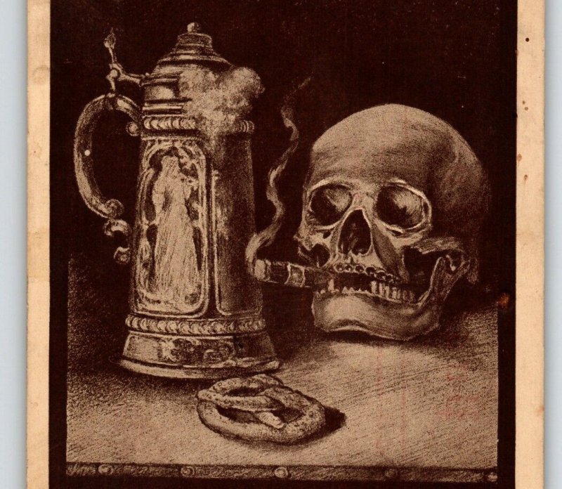 Skull Face Smoking Cigar German Beer Stein Postcard Ullman Fantasy Skeleton Head