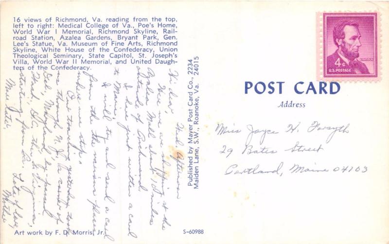 RICHMOND VIRGINIA 16 VIEWS~~MAYER PC COMPANY PUBL GREETINGS POSTCARD 1960s