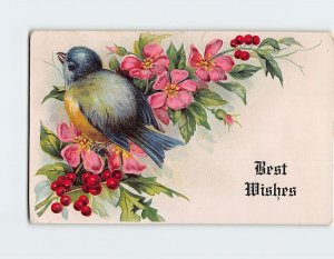 Postcard Best Wishes with Bird Flowers Hollies Embossed Art Print