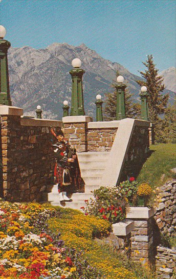 Canada Alberta Banff The Piper At Banff Springs Hotel With Mount Norquay In T...