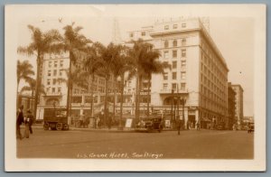 Postcard RPPC c1930s San Diego CA U.S. Grant Hotel Street View Vendors Old Cars