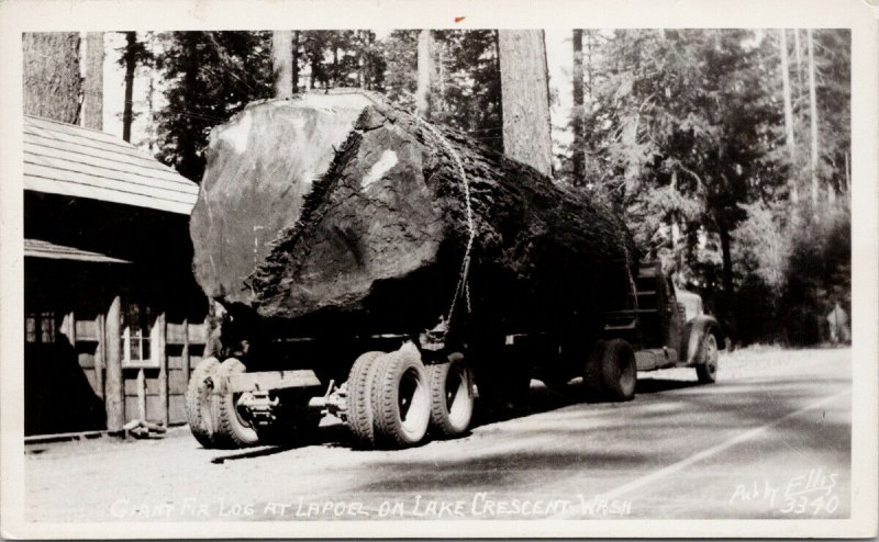 La Poel on Lake Crescent WA Giant Fir Log Truck Ellis #3340 RPPC Postcard F61