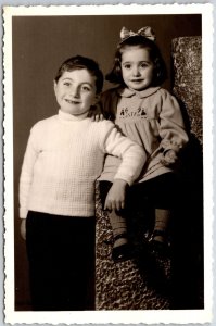 Young Children Boy and Girl Siblings Real Photo RPPC Postcard