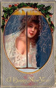 New Year Postcard Beautiful Woman Looking Out a Window, Holly
