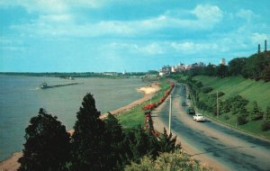 Vintage Postcard Mighty Mississippi Left Memphis Skyline Background Riverside TN