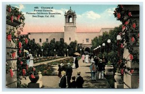 1915 San Diego CA Panama California Expo Postcard Glimpse of Formal Gardens