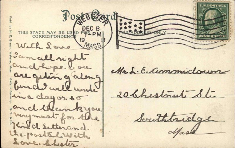 Webster Massachusetts MA Post Office Trolley Streetcar c1910 Vintage Postcard