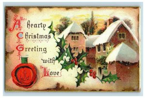 c.1910 Lovely Christmas Town Scene Holly Berries Vintage Postcard P51