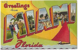 Greetings from Miami Florida Big Letter Curt Teich Wavy Bottom