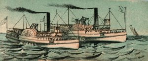 1870s-80s Boston Harbor Side Paddle Steamers Racing Victorian Card L9