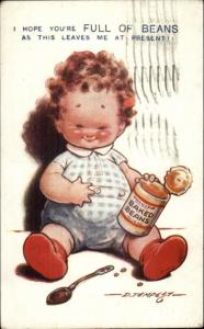 Full Baby Gets into Can of Beans FULL OF BEANS Tempest Postcard apx