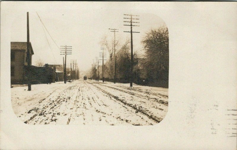 Peoria Illinois~Slushing Through the Snow~Trolley Blocks Car @ End~1909 RPPC 