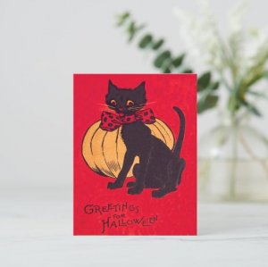 Black Cat Bowtie Pumpkin Greetings Halloween POD Vintage Inspired Postcard