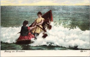 Riding The Breakers Women in Rowboat Boat c1908 Ansonia OH Cancel Postcard F81