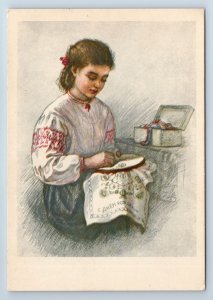 1955 LITTLE GIRL embroider HAPPY BIRTHDAY Folk Costume by Pisarevsky Postcard