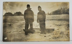 Rppc Scene on Frozen Lake Men with Sleds c1915 Postcard O9