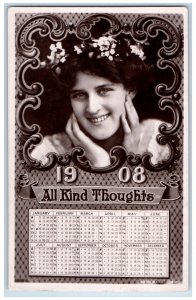 c1910's Pretty Woman All Kind Thoughts Calendar Rotograph Antique Postcard 