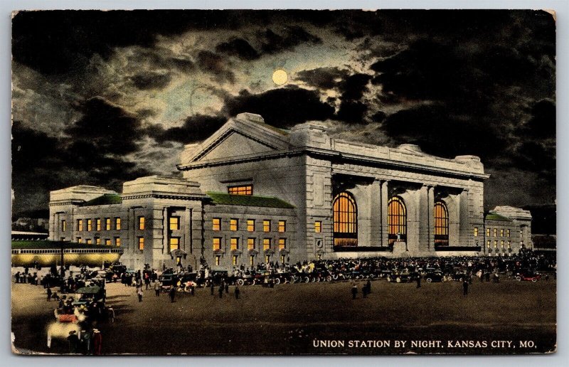 Union Station At Night Old Cars People Depot Kansas City MO C1907 Postcard H10