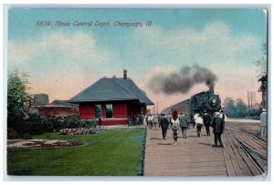 1912 Illinois Central Depot Locomotive Train Champaign Illinois Vintage Postcard 