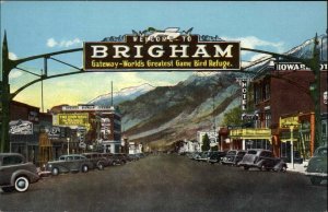 Brigham City Utah UT Welcome Sign Entrance Classic Cars Linen Vintage Postcard