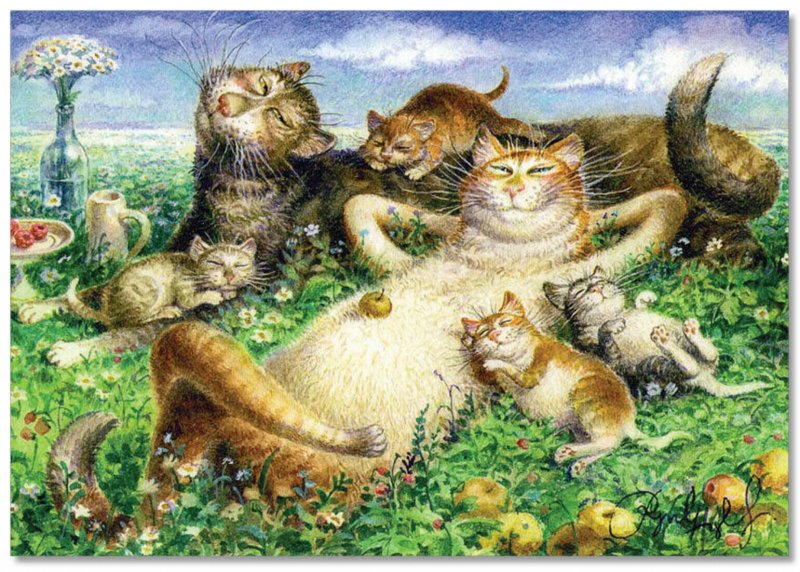 Cats and kittens on the meadow rest Fantasy ART Russian Modern Postcard 