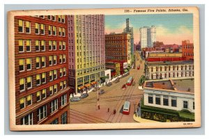 Vintage 1940's Postcard Aerial View Buses & Cars Five Points Atlanta Georgia