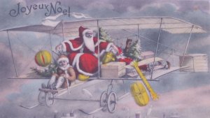 Santa Claus Flying Airplane Child Old World Vintage Christmas Postcard French