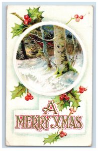 C1910 Trees Snow Embossed Holly Cristmas Postcard P114E