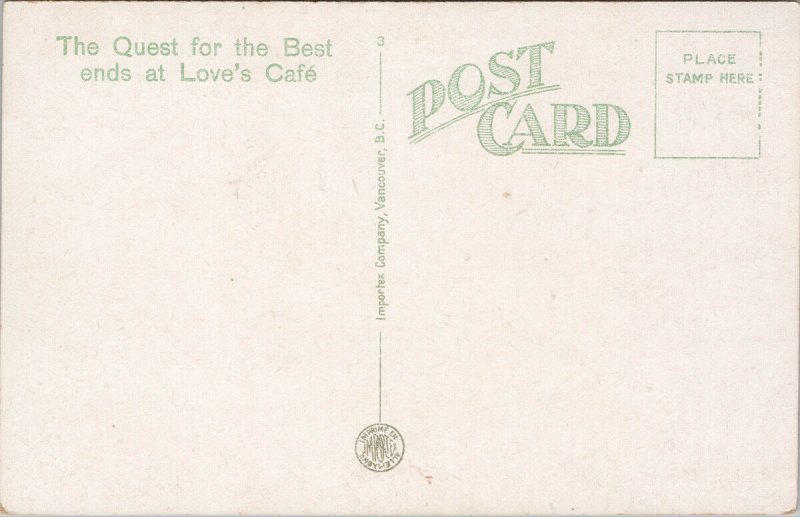 Love's Cafe Vancouver BC Lounge Room Restaurant Unused Importex Postcard F75