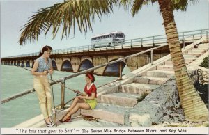 Greyhound Bus Seven Mile Bridge FL Miami Key West Women Fishing Postcard H19