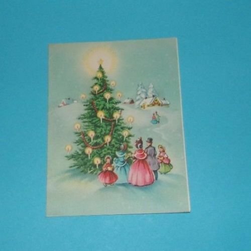 Vtg 1940's Christmas Card TOWER Tree Candles Victorian Carolers Family #101