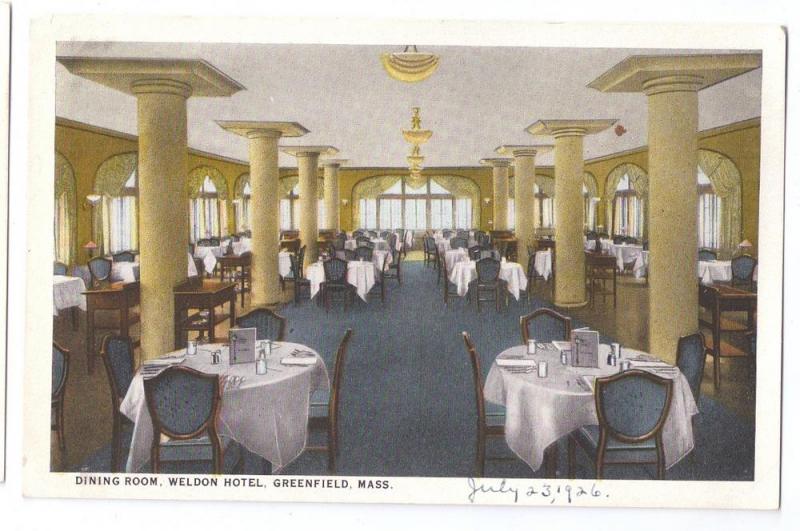 Greenfield MA Weldon Hotel Dining Room Postcard