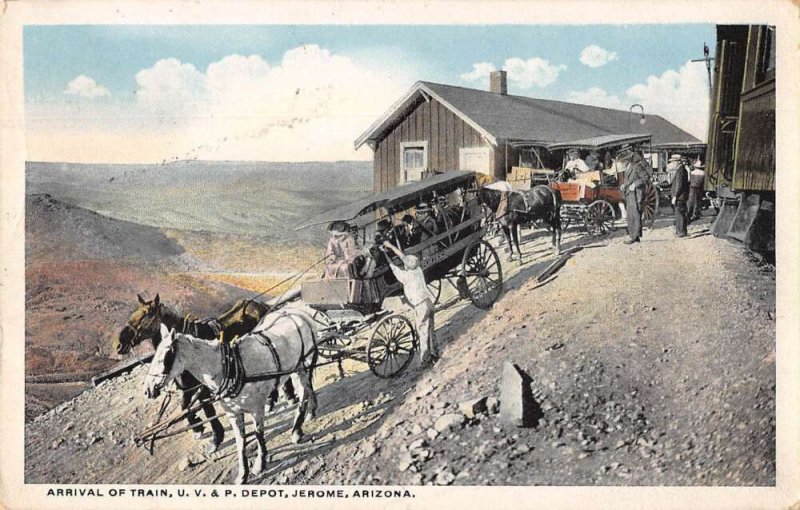 Jerome Arizona Train Station Arrival of Train Stage Coaches Postcard AA41395