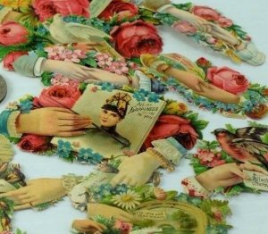 Lot Of Victorian Die-Cuts Ladies' Hands Flowers Birds Horseshoes CT200